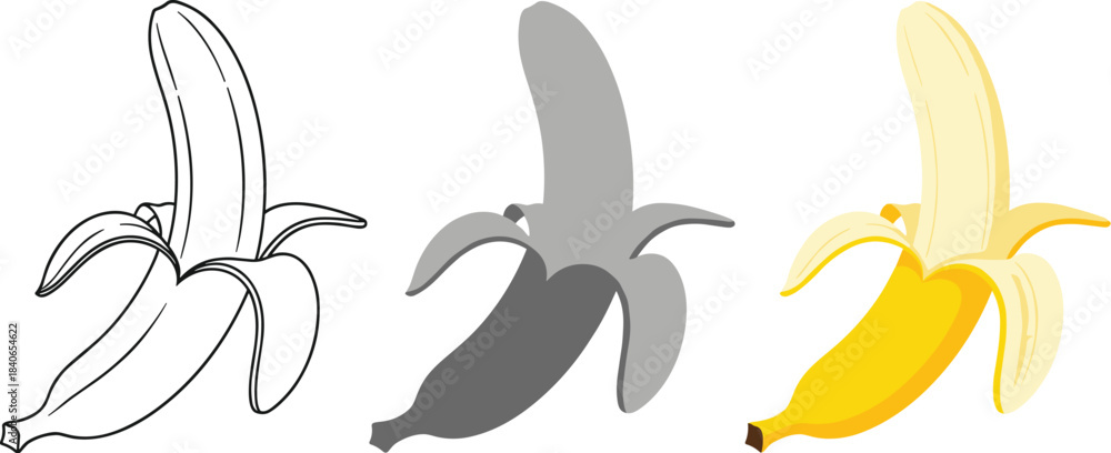 Fototapeta premium Three bananas in different styles outline, grayscale, and color, isolated on white background a vibrant and nutritious fruit, perfect for a healthy snack