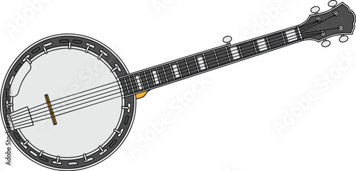 Illustration of a banjo isolated on white background, a stringed instrument with a round body and a long neck, commonly used in folk and bluegrass music