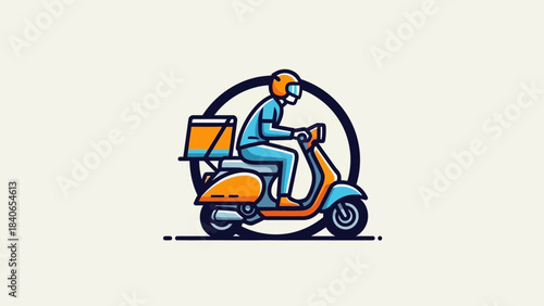 A delivery person rides a scooter with a large insulated bag on the back.