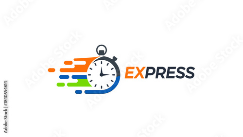 Express delivery service logo with a stopwatch indicating speed and efficiency for fast shipping.