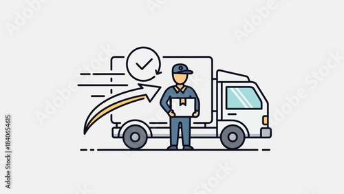 A delivery person holding a package next to a truck with a checkmark.