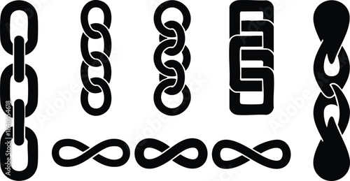 Minimalist vector icon set showing black chain link symbols and infinity loop variations arranged in a horizontal row with bold silhouette style flat solid stencil icons