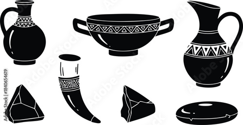 Flat silhouette vector set of ancient greek pottery and ritual vessels including amphora bowl jug drinking horn and fragments with geometric border patterns monochrome high contrast