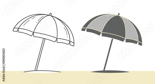 Two beach umbrellas, one in outline and one in color, standing on a sandy beach isolated on white background perfect for summer vacation designs