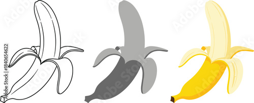 Three bananas in different styles outline, grayscale, and color, isolated on white background a vibrant and nutritious fruit, perfect for a healthy snack