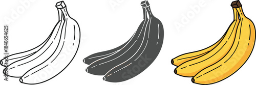 A set of three banana illustrations isolated on white background, showcasing a simple outline, a shaded version, and a vibrant, fully colored rendition