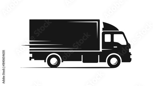 A black silhouette of a delivery truck is shown moving quickly from left to right.