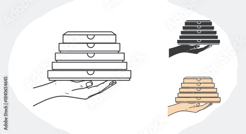Hand holding stack of pizza boxes isolated on white background delivery service concept fast food order takeaway meal restaurant business italian cuisine