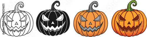 Four halloween pumpkins in different styles isolated on white background outline, silhouette, orange and colored jack olanterns with scary faces