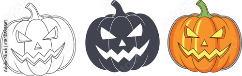 Three halloween pumpkins with different styles isolated on white background outline, silhouette, and colored, perfect for spooky season designs