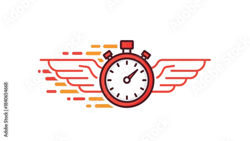 A red stopwatch with stylized wings and motion lines indicates speed and time management.
