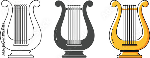 Three lyre illustrations isolated on white background a line drawing, a silhouette, and a golden lyre with strings on a white background