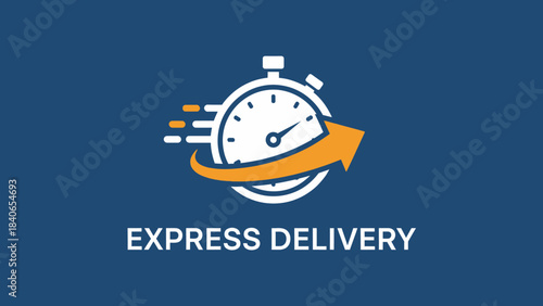 Express delivery stopwatch icon with arrow on blue background.