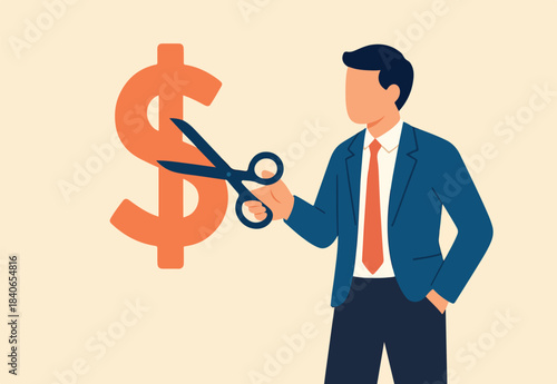 Cut expense reduce budget, interest rate or loan debt decrease, investment reduction in recession or financial problem crisis, tax payment, businessman cut dollar sign metaphor of cut expense.