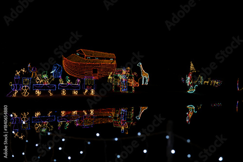 Outdoor Holiday Lights in Winter at night.