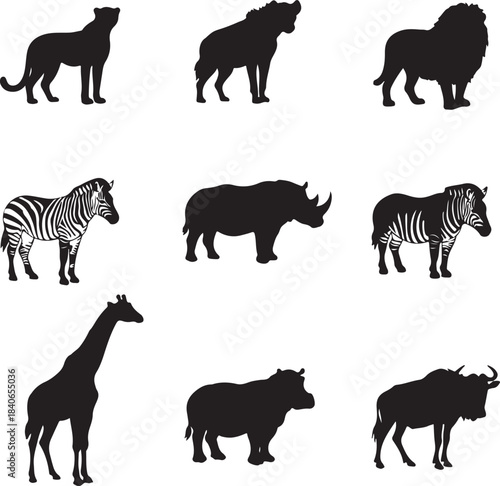 Silhouettes of African Wildlife Animals in Black and White