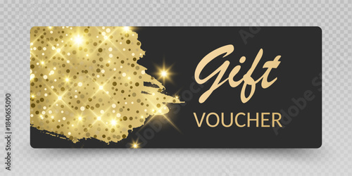 Elegant Gift Voucher with Golden Glitter and Sparkles Gift card vector voucher mockup illustration, discount certificate coupon collection