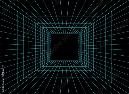 Futuristic digital tunnel with neon blue lines and dots on creating a virtual reality or data visualization effect