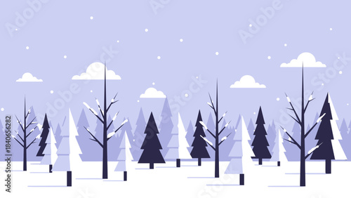 Winter forest landscape with snow covered trees, a festive Christmas greeting card design illustration