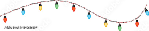 Decorative string of multi-colored incandescent colorful lights bulbs hanging in a wavy line. Vector Illustration.