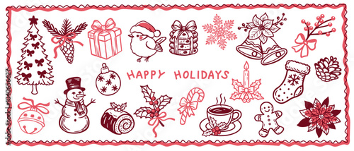 Festive holiday doodle illustration featuring Christmas tree, gifts, ornaments, bells, poinsettia, gingerbread, candle, stocking, snowman, pinecone, holly, cup of cocoa, and winter decorations in a re