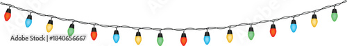 Decorative string of multi-colored incandescent colorful lights bulbs hanging in a wavy line. Vector Illustration.
