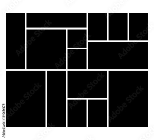 A black and white image of a puzzle piece design on a with various rectangular shapes