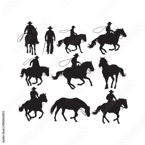 Cowboy With Horse Silhouettes Collection,Cowboy Riding Silhouettes,Vector Cowboy Horse Silhouettes,Western Rider Silhouettes,cowboy horse vector