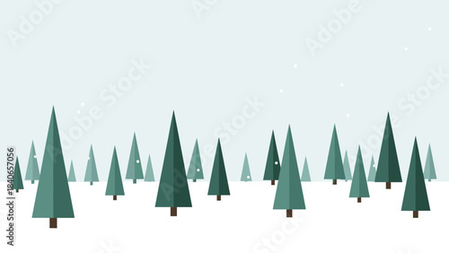 Winter Forest Scene: minimalist forest scene with triangular-shaped green trees set against a pristine white backdrop, with softly falling snow creating a serene, peaceful, and clean.