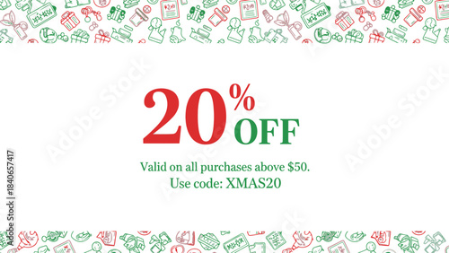 Festive Shopping: A holiday-themed graphic with 20% OFF bold, inviting customers to a seasonal sale.