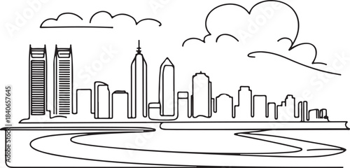 Continuous Line Art of Perth Skyline with Canning River Arc Minimal Outline Illustration