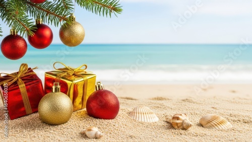 Fototapeta Naklejka Na Ścianę i Meble -  Tropical Christmas Vacation Theme: Festive Ornaments and Gifts on a Sandy Beach with Blue Ocean and Clear Sky, Copy Space for Holiday Greetings