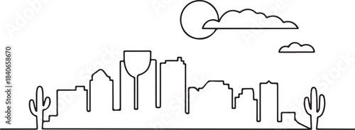 Continuous Line Art of Phoenix Skyline with Cactus Silhouette Minimal Outline Illustration