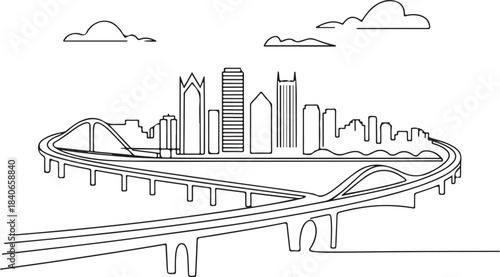 Continuous Line Art Pittsburgh Skyline with Three Rivers Junction Curve in Minimal Contour Outline Style