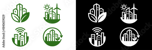 Eco Smart City Icons Set — Renewable Energy, Green Buildings, Sustainability