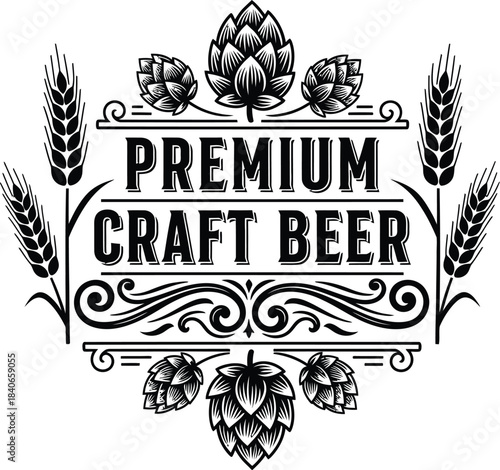 Premium Craft Beer Hops Vector Badge With Wheat Ears