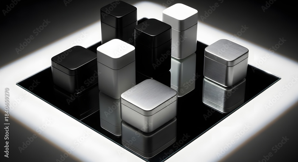 Obraz premium Elegant Still Life Composition of Matte Black, White, and Silver Square Containers on a Reflective Surface with Dramatic Studio Lighting for Product Packaging