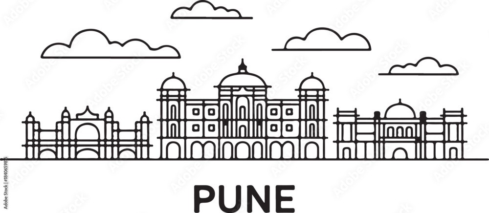 Fototapeta premium Continuous Line Art Pune Skyline with Minimal Buildings Outline in Simple Contour Style