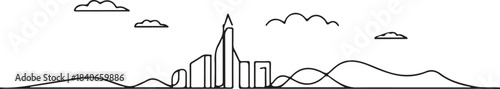 Continuous Line Art Ras Al Khaimah Skyline with Minimal Mountains in Simple Contour Outline Style