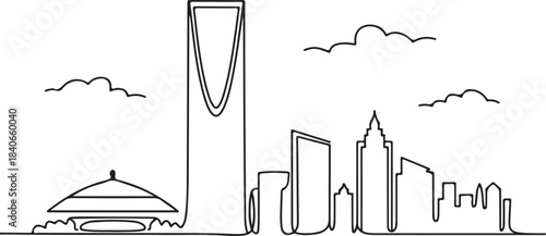 Continuous Line Art Riyadh Skyline with Al Faisaliyah Center Geometric Outline in Minimal Contour Style