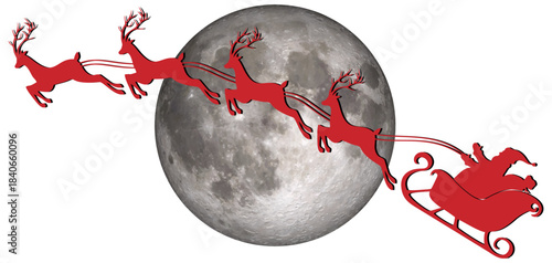 red silhouette of a santa claus sleigh with a moon on white background