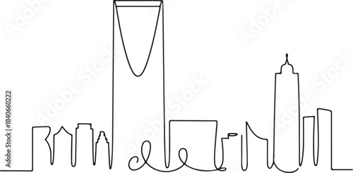 Continuous Line Art Riyadh Skyline with King Abdulaziz Center Shapes in Minimal Contour Outline Style
