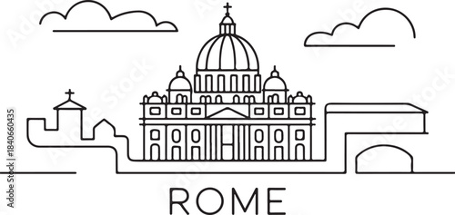 Continuous Line Art Rome Skyline with St Peters Basilica Dome Outline in Minimal Contour Style
