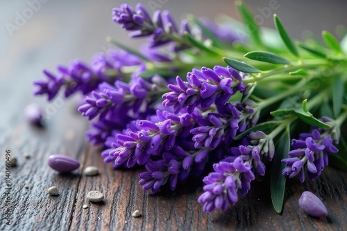 A calming arrangement of lavender sprigs nestled amongst olive branches, evoking serenity and natural beauty Perfect for spa, wellness, or aromatherapy themes , design, peaceful