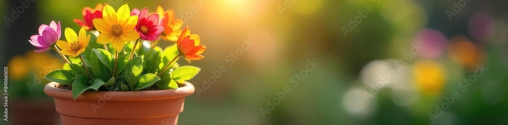 Fototapeta premium A cheerful spring scene featuring colorful flowers blossoming in a terracotta flowerpot, bathed in sunlight Perfect for gardening, home decor, and springtime themes , outdoor, growth, vibrant