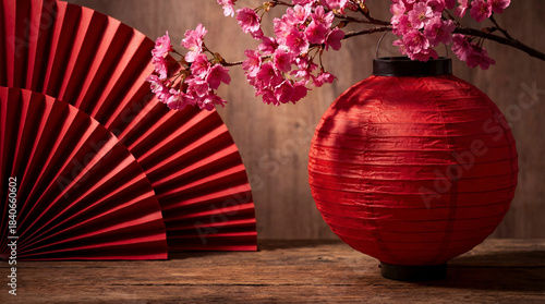 Chinese New Year decoration red lantern fan cherry blossoms