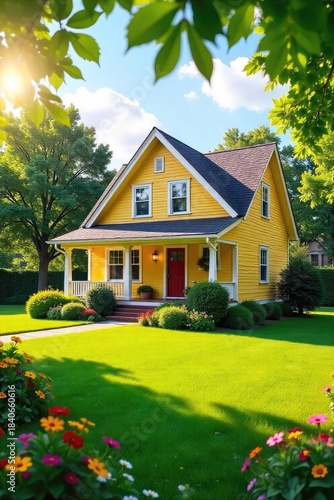 A cheerful yellow house basks in the afternoon sun, surrounded by a lush green lawn and vibrant flowers  Perfect for real estate, home improvement, and summer themes ,  garden,  cozy