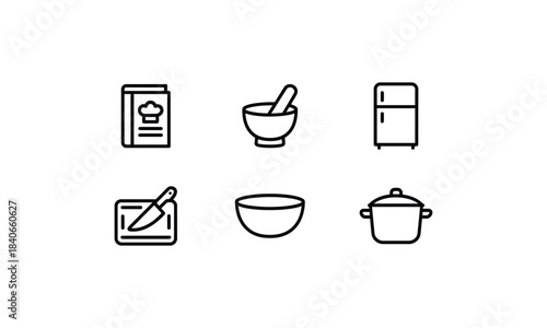 Kitchen line icons set with chef cookbook, mortar pestle, fridge, cutting board, mixing bowl and cooking pot illustration