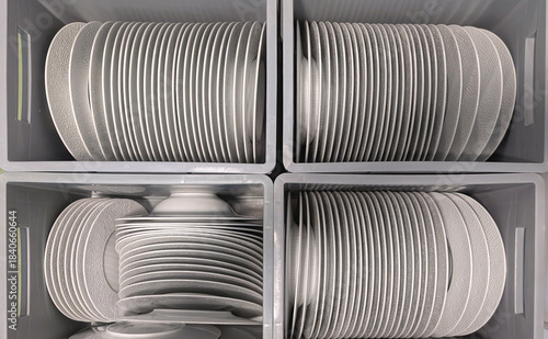 Plates arranged in storage bins at a restaurant kitchen during busy lunch hours. Catering for events and receptions concept.