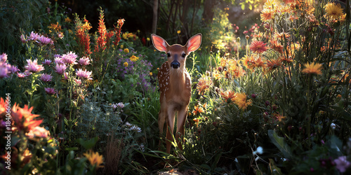 Cute little fawn on a meadow full of flowers